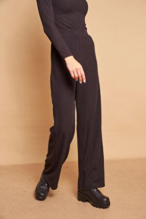 Yüksek Bel Yan Cepli Yürüyüş Triko Pantolon-Siyah