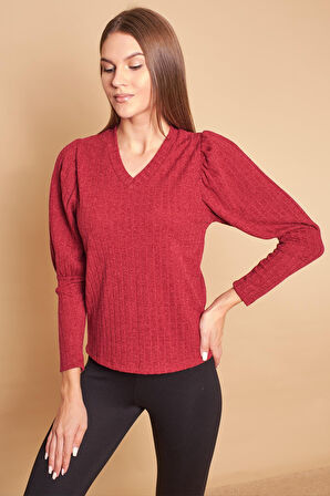 V Yaka Kol Büzgülü Uzun Kol Hafif Esnek Triko Bluz-Bordo