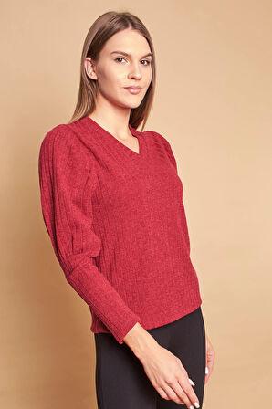 V Yaka Kol Büzgülü Uzun Kol Hafif Esnek Triko Bluz-Bordo