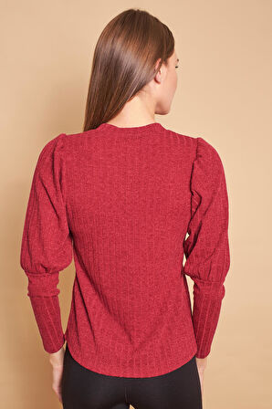 V Yaka Kol Büzgülü Uzun Kol Hafif Esnek Triko Bluz-Bordo