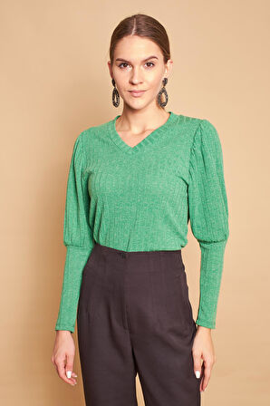V Yaka Kol Büzgülü Uzun Kol Hafif Esnek Triko Bluz-Zümrüt