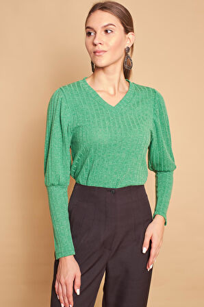 V Yaka Kol Büzgülü Uzun Kol Hafif Esnek Triko Bluz-Zümrüt
