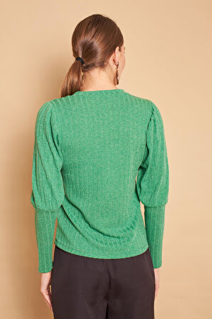 V Yaka Kol Büzgülü Uzun Kol Hafif Esnek Triko Bluz-Zümrüt