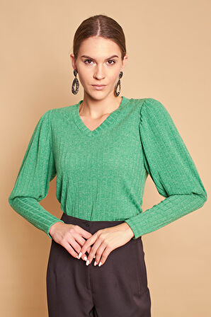 V Yaka Kol Büzgülü Uzun Kol Hafif Esnek Triko Bluz-Zümrüt