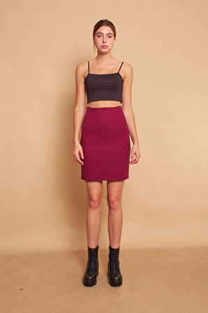 Kışlık Likralı Yünlü Kumaş Yüksek Bel Diz Üstü Kalem Etek-Bordo Kazayağı 