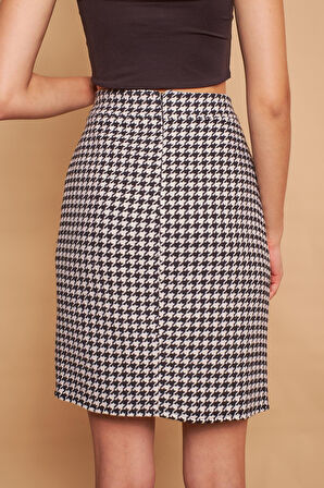 Astarlı Kalın Tüvit Kumaş Yüksek Bel Yırtmaçlı Diz Altı Kalem Etek-Siyah Kazayağı