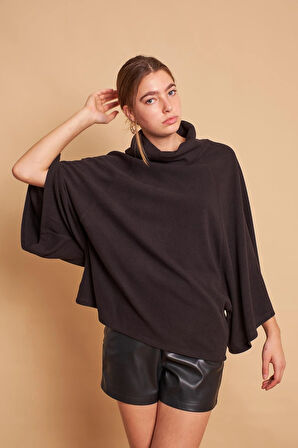 Degaje Yaka Balıkçı Yarasa Model Rahat Kesim Oversize Triko Bluz-Siyah
