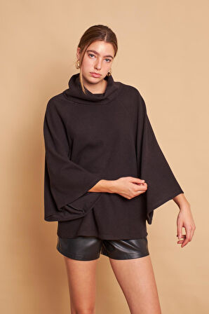 Degaje Yaka Balıkçı Yarasa Model Rahat Kesim Oversize Triko Bluz-Siyah