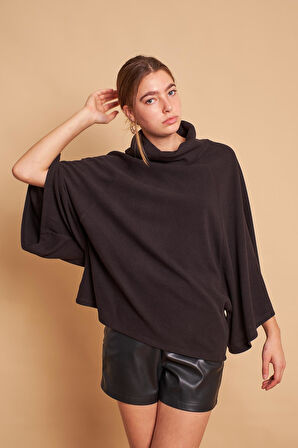 Degaje Yaka Balıkçı Yarasa Model Rahat Kesim Oversize Triko Bluz-Siyah