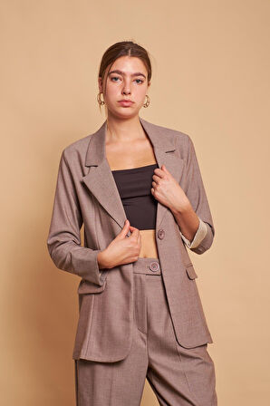 Ekoseli Yakalı Kolu Katlamalı Cep Kapaklı Boyfriend Hafif Likralı Kumaş Blazer Ceket-Bej 