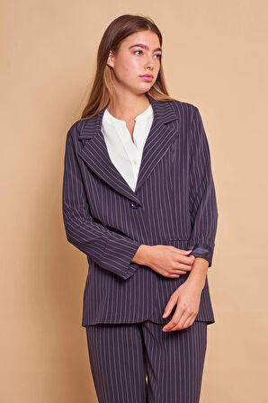 Ekoseli Yakalı Kolu Katlamalı Cep Kapaklı Boyfriend Hafif Likralı Kumaş Blazer Ceket-Lacivert Çizgi 