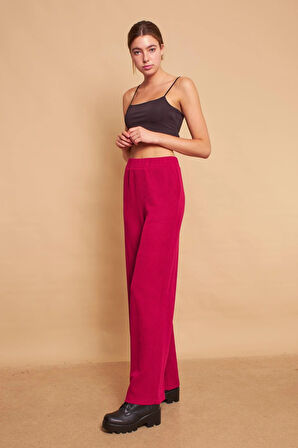 Yüksek Bel Yan Cepli Yürüyüş Triko Pantolon-Bordo 