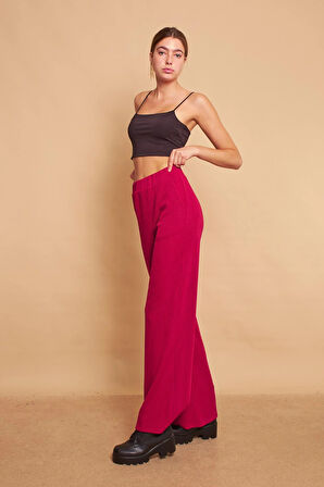 Yüksek Bel Yan Cepli Yürüyüş Triko Pantolon-Bordo 