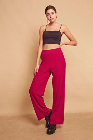 Yüksek Bel Yan Cepli Yürüyüş Triko Pantolon-Bordo 