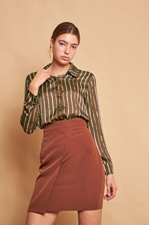 Desenli Yakalı Uzun Kol Likrasız Şık Kumaş Gömlek-Haki Çizgi