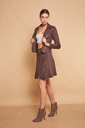 Hafif Likralı Süet Kumaş Flato Cepli Uzun Kol Kısa Blazer Ceket-Kahve