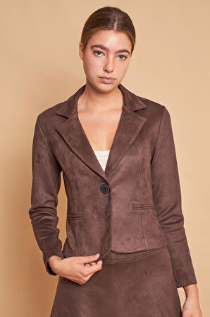 Hafif Likralı Süet Kumaş Flato Cepli Uzun Kol Kısa Blazer Ceket-Kahve