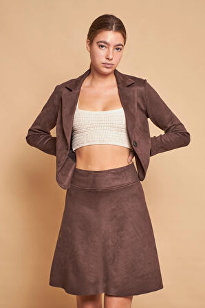 Hafif Likralı Süet Kumaş Flato Cepli Uzun Kol Kısa Blazer Ceket-Kahve