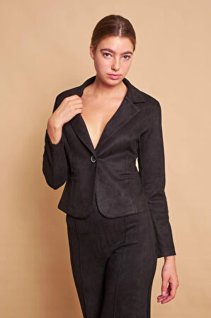 Hafif Likralı Süet Kumaş Flato Cepli Uzun Kol Kısa Blazer Ceket-Siyah