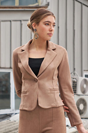 Hafif Likralı Süet Kumaş Flato Cepli Uzun Kol Kısa Blazer Ceket-Vizon