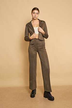 Palazzo Yüksek Bel Ön Dikişli Bol Paça Hafif Likralı Süet Kumaş Pantolon-Haki