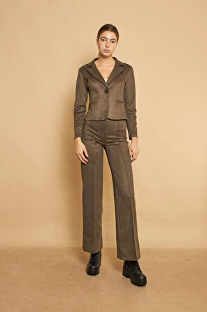 Palazzo Yüksek Bel Ön Dikişli Bol Paça Hafif Likralı Süet Kumaş Pantolon-Haki