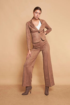 Palazzo Yüksek Bel Ön Dikişli Bol Paça Hafif Likralı Süet Kumaş Pantolon-Vizon