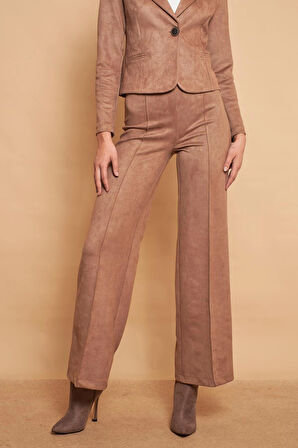 Palazzo Yüksek Bel Ön Dikişli Bol Paça Hafif Likralı Süet Kumaş Pantolon-Vizon