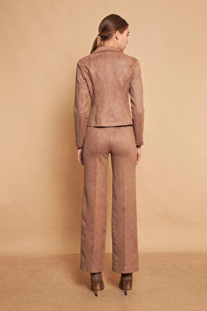 Palazzo Yüksek Bel Ön Dikişli Bol Paça Hafif Likralı Süet Kumaş Pantolon-Vizon