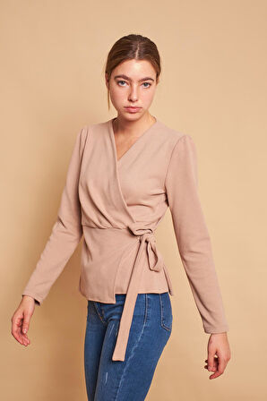 Kruvaze Anvelop Yandan Ayarlanabilir Bağlamalı Uzun Kol Hafif Likralı Triko Bluz-Koyu Bej