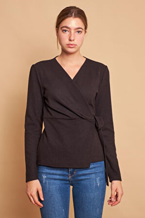 Kruvaze Anvelop Yandan Ayarlanabilir Bağlamalı Uzun Kol Hafif Likralı Triko Bluz-Siyah