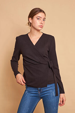 Kruvaze Anvelop Yandan Ayarlanabilir Bağlamalı Uzun Kol Hafif Likralı Triko Bluz-Siyah