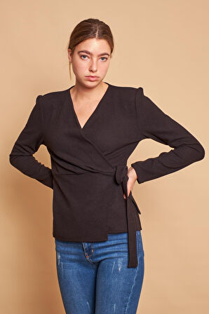 Kruvaze Anvelop Yandan Ayarlanabilir Bağlamalı Uzun Kol Hafif Likralı Triko Bluz-Siyah