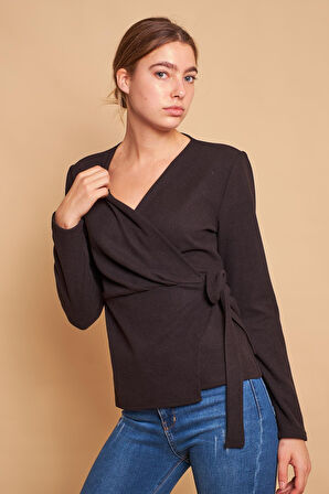 Kruvaze Anvelop Yandan Ayarlanabilir Bağlamalı Uzun Kol Hafif Likralı Triko Bluz-Siyah