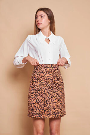 Hafif Likralı Yünlü Kışlık Jakar Kumaş Yüksek Bel Hafif Diz Üstü Çan Etek-Leopar 