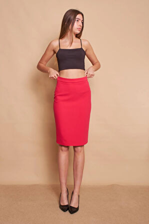 Kadın Yüksek Bel Diz Altı Yırtmaçlı Hafif Likralı Kumaş Kalem Etek-Fujya