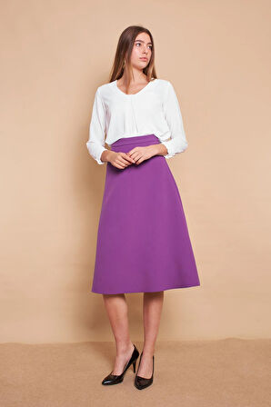 Kadın Yüksek Bel Diz Altı Hafif Likralı Kumaş Çan Etek-Eflatun