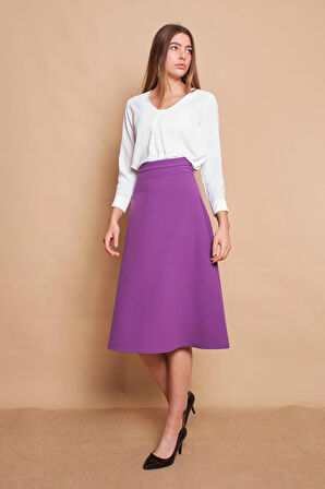 Kadın Yüksek Bel Diz Altı Hafif Likralı Kumaş Çan Etek-Eflatun