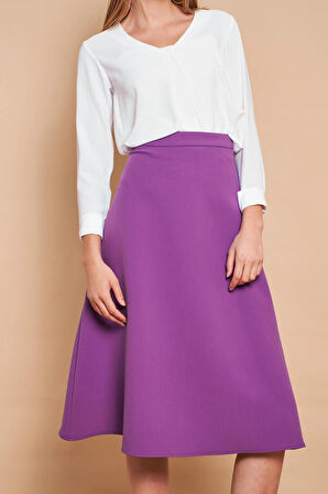 Kadın Yüksek Bel Diz Altı Hafif Likralı Kumaş Çan Etek-Eflatun