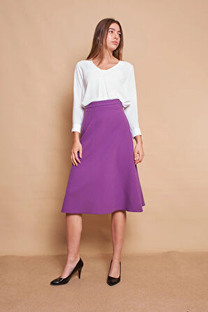 Kadın Yüksek Bel Diz Altı Hafif Likralı Kumaş Çan Etek-Eflatun