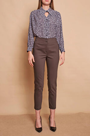 Yüksek Bel Kalın Kemerli Cepli Dar Paça Bilek Boy Pamuklu Likralı Kumaş Pantolon-Koyu Haki 