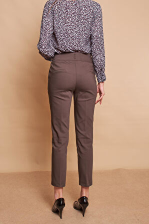 Yüksek Bel Kalın Kemerli Cepli Dar Paça Bilek Boy Pamuklu Likralı Kumaş Pantolon-Koyu Haki 