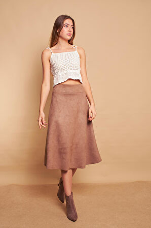 Hafif Likralı Süet Kumaş Yüksek Bel Kiloş Uzun Etek-Vizon