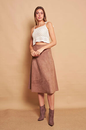 Hafif Likralı Süet Kumaş Yüksek Bel Kiloş Uzun Etek-Vizon