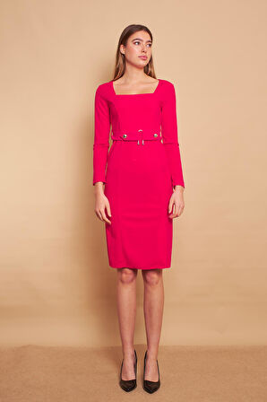 Likralı Krep Kumaş Kare Yaka Uzun Kol Beli Aksesuarlı Kemerli Önden Yırtmaçlı Ofis Elbise-Fujya