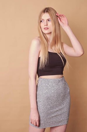 Kadın Likralı Simli Kumaş Yüksek Bel Hafif Mini Kalem Etek-Gümüş