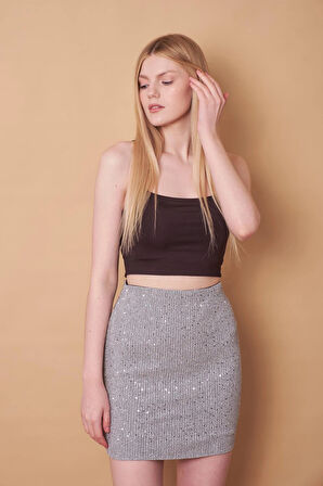 Kadın Likralı Simli Kumaş Yüksek Bel Hafif Mini Kalem Etek-Gümüş