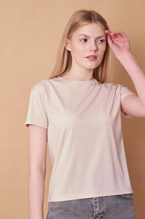 Kadın Sıfır Yaka Kırışmaz Span Karışımlı Şık Kısa Kol Likralı T-shirt Bluz-Taş