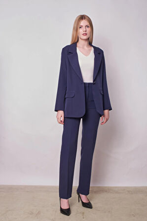 Kadın Yakalı Cep Kapaklı Uzun Kol Hafif Likralı Kumaş Oversize Blazer Ceket(Pantolonu Jument 40075)-Lacivert
