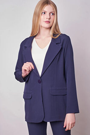 Kadın Yakalı Cep Kapaklı Uzun Kol Hafif Likralı Kumaş Oversize Blazer Ceket(Pantolonu Jument 40075)-Lacivert
